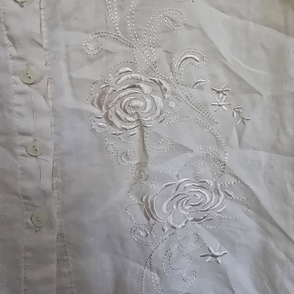 Once & Again 100% Linen Sleeveless Embroidered Button Down Cream Blouse XL - Picture 13 of 15